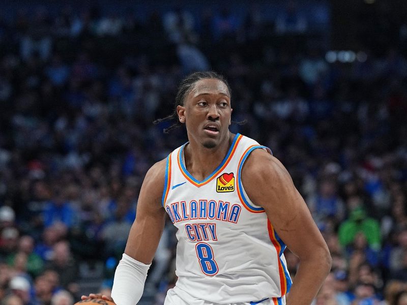 DALLAS, TX - FEBRUARY 10: Jalen Williams #8 of the Oklahoma City Thunder looks on during the game against the Dallas Mavericks on February 10, 2024 at the American Airlines Center in Dallas, Texas. NOTE TO USER: User expressly acknowledges and agrees that, by downloading and or using this photograph, User is consenting to the terms and conditions of the Getty Images License Agreement. Mandatory Copyright Notice: Copyright 2024 NBAE (Photo by Glenn James/NBAE via Getty Images)