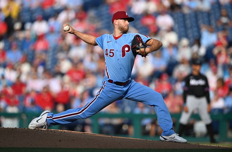 Jun 27, 2024; Philadelphia, Pennsylvania, USA; Philadelphia Phillies starting pitcher Zack Wheeler (45) throws a pitch against the Miami Marlins in the first inning at Citizens Bank Park. Mandatory Credit: Kyle Ross-USA TODAY Sports