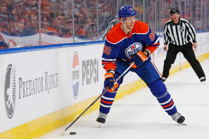 Jan 27, 2024; Edmonton, Alberta, CAN; Edmonton Oilers forward Corey Perry (90) controls the puck during the first period against the Nashville Predators at Rogers Place. Mandatory Credit: Perry Nelson-USA TODAY Sports