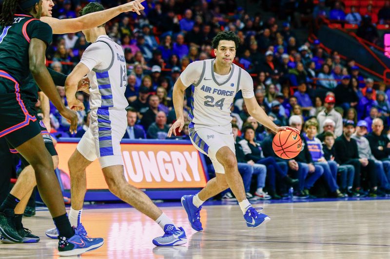 Feb 3, 2024; Boise, Idaho, USA; Air Force Falcons guard Jeffrey Mills (24) dribbles the ball during the first half against the Boise State Broncos ExtraMile Arena. Mandatory Credit: Brian Losness-USA TODAY Sports