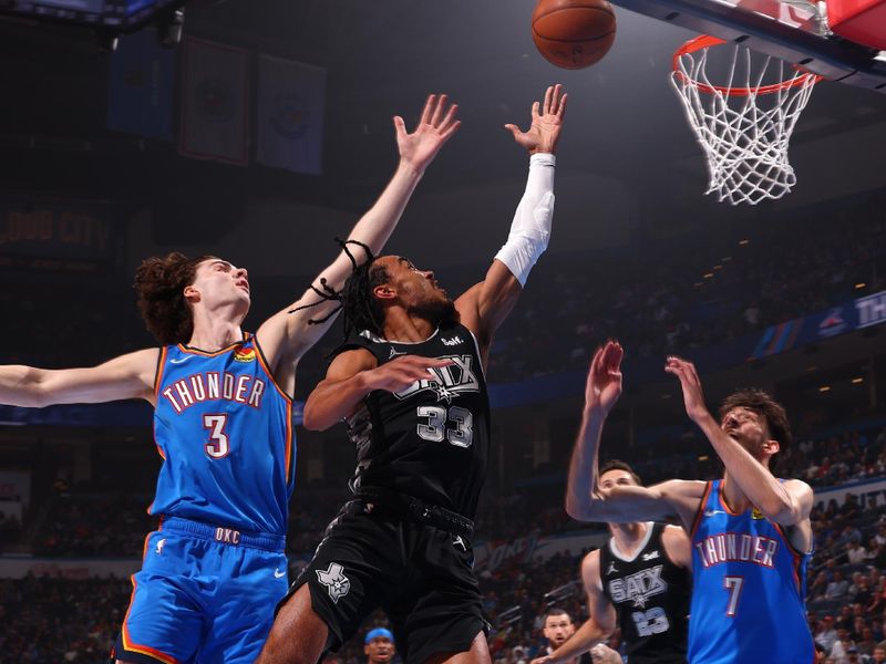 OKLAHOMA CITY, OK - APRIL 10:  Tre Jones #33 of the San Antonio Spurs drives to the basket during the game against the Oklahoma City Thunder on April 10, 2024 at Paycom Arena in Oklahoma City, Oklahoma. NOTE TO USER: User expressly acknowledges and agrees that, by downloading and or using this photograph, User is consenting to the terms and conditions of the Getty Images License Agreement. Mandatory Copyright Notice: Copyright 2024 NBAE (Photo by Zach Beeker/NBAE via Getty Images)