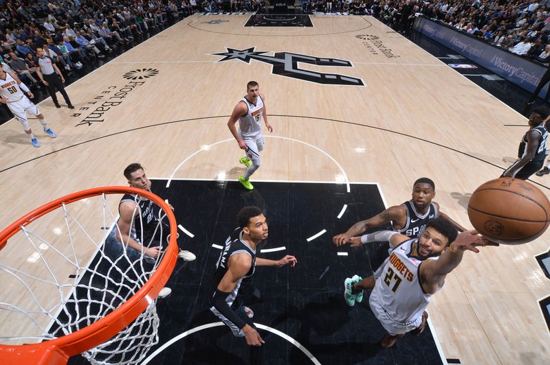 SAN ANTONIO, TX - APRIL 12:  Jamal Murray #27 of the Denver Nuggets goes to the basket during the game on April 12, 2024 at the Frost Bank Center in San Antonio, Texas. NOTE TO USER: User expressly acknowledges and agrees that, by downloading and or using this photograph, user is consenting to the terms and conditions of the Getty Images License Agreement. Mandatory Copyright Notice: Copyright 2024 NBAE (Photos by Michael Gonzales/NBAE via Getty Images)