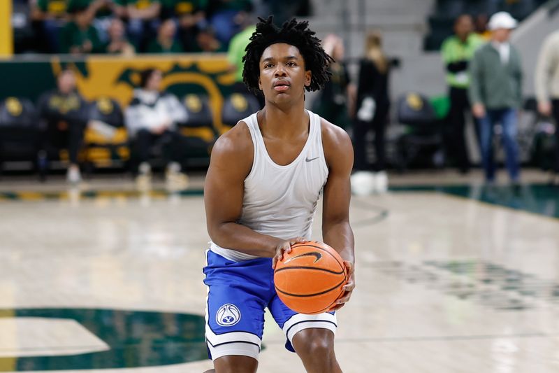 Feb 10, 2026; Waco, Texas, USA;  BYU Cougars guard Robert Wright III (1) during warmups before the game against the Baylor Bears at Paul and Alejandra Foster Pavilion. Mandatory Credit: Chris Jones-Imagn Images