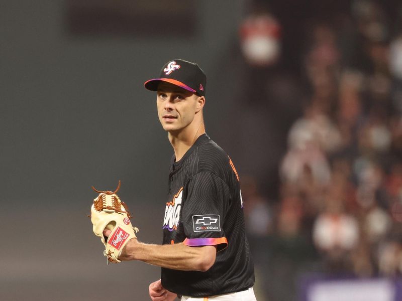 Jun 3, 2025; San Francisco, California, USA;  San Francisco Giants relief pitcher Tyler Rogers (71) after a play against the San Diego Padres during the eighth inning at Oracle Park. Mandatory Credit: Kelley L Cox-Imagn Images