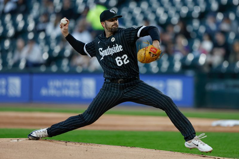 Sep 15, 2023; Chicago, Illinois, USA; Chicago White Sox starting pitcher Jesse Scholtens (62) delivers a pitch against the Minnesota Twins during the first inning at Guaranteed Rate Field. Mandatory Credit: Kamil Krzaczynski-USA TODAY Sports