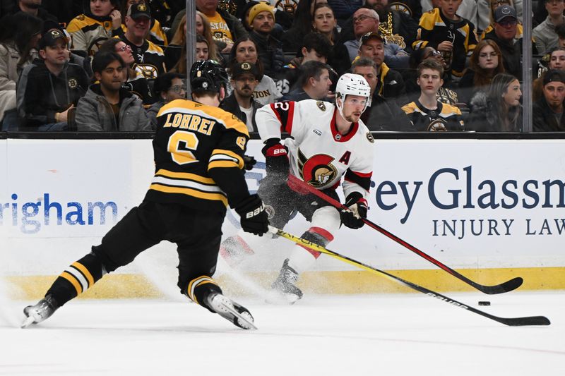 Nov 9, 2024; Boston, Massachusetts, USA; Ottawa Senators defenseman Thomas Chabot (72) skates against Boston Bruins defenseman Mason Lohrei (6) during the second period at TD Garden. Mandatory Credit: Brian Fluharty-Imagn Images