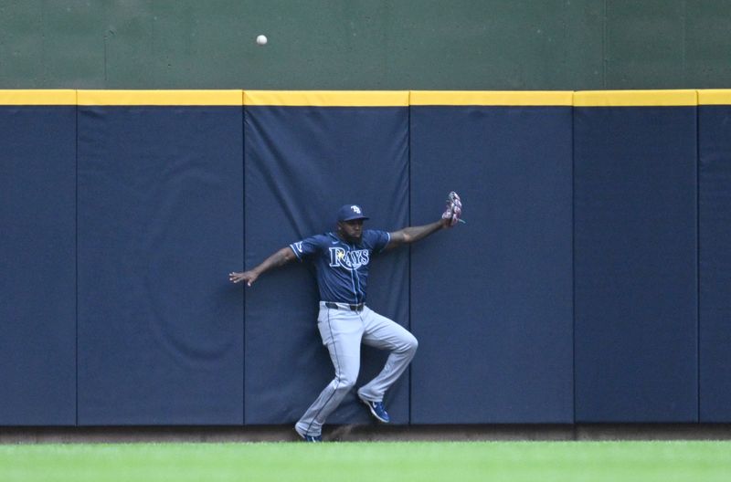 May 1, 2024; Milwaukee, Wisconsin, USA; Tampa Bay Rays outfielder Randy Arozarena (56) runs into the wall as he attempts to catch a home run ball in the seventh inning at American Family Field. Mandatory Credit: Michael McLoone-USA TODAY Sports
