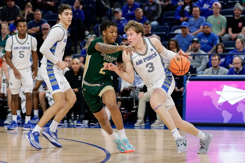 Mar 9, 2024; Colorado Springs, Colorado, USA; Air Force Falcons forward Luke Kearney (3) drives to the basket against Colorado State Rams guard Taviontae Jackson (2) in the second half at Clune Arena. Mandatory Credit: Isaiah J. Downing-USA TODAY Sports