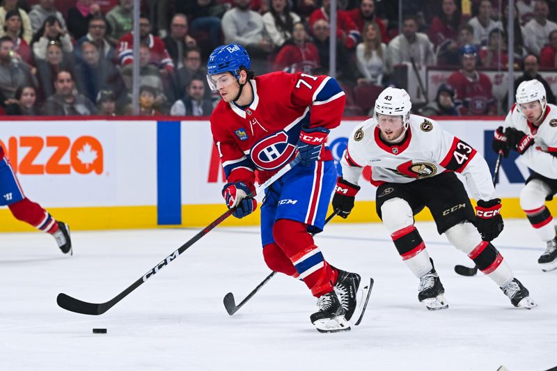 Oct 1, 2024; Montreal, Quebec, CAN; Montreal Canadiens center Jake Evans (71) plays the puck against Ottawa Senators defenseman Tyler Kleven (43) during the second period at Bell Centre. Mandatory Credit: David Kirouac-Imagn Images