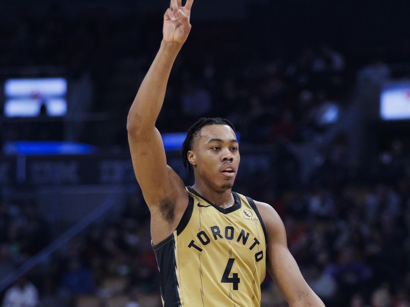 TORONTO, CANADA - FEBRUARY 22: Scottie Barnes #4 of the Toronto Raptors reacts against the Brooklyn Nets in the first half of their NBA game at Scotiabank Arena on February 22, 2024 in Toronto, Canada. NOTE TO USER: User expressly acknowledges and agrees that, by downloading and or using this photograph, User is consenting to the terms and conditions of the Getty Images License Agreement. (Photo by Cole Burston/Getty Images)