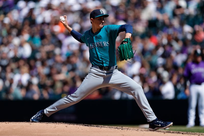 Apr 21, 2024; Denver, Colorado, USA; Seattle Mariners starting pitcher George Kirby (68) pitches in the fifth inning against the Colorado Rockies at Coors Field. Mandatory Credit: Isaiah J. Downing-USA TODAY Sports