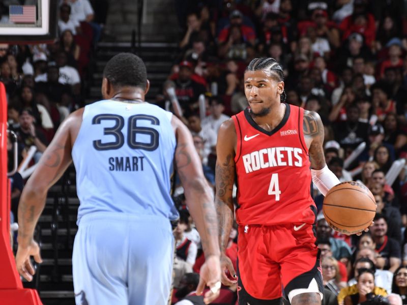 HOUSTON, TX - OCTOBER 25: Jalen Green #4 of the Houston Rockets dribbles the ball during the game against the Memphis Grizzlies on October 25, 2024 at the Toyota Center in Houston, Texas. NOTE TO USER: User expressly acknowledges and agrees that, by downloading and or using this photograph, User is consenting to the terms and conditions of the Getty Images License Agreement. Mandatory Copyright Notice: Copyright 2024 NBAE (Photo by Logan Riely/NBAE via Getty Images)