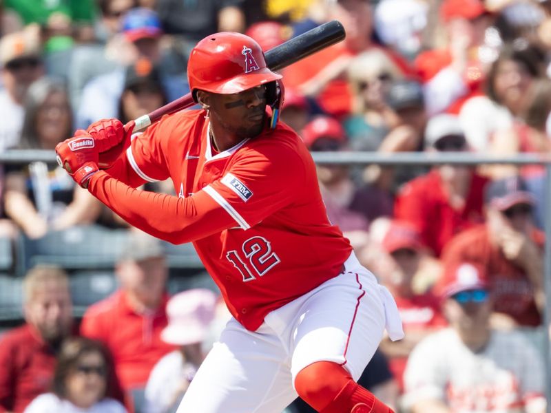 Mar 16, 2025; Tempe, Arizona, USA; Los Angeles Angels outfielder Jorge Soler against the San Diego Padres during a spring training game at Tempe Diablo Stadium. Mandatory Credit: Mark J. Rebilas-Imagn Images