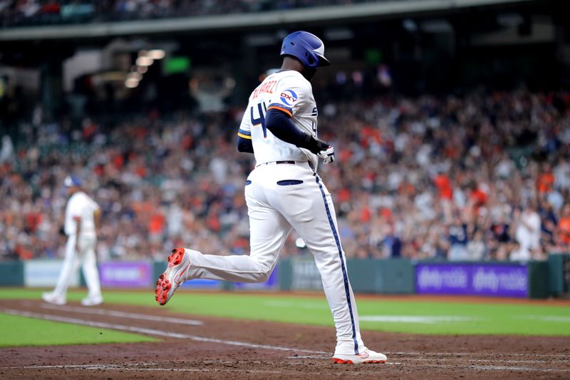 Sep 1, 2025; Houston, Texas, USA; Houston Astros left fielder Yordan Alvarez (44) crosses home plate to score a run against the Los Angeles Angels during the fifth inning at Daikin Park. Mandatory Credit: Erik Williams-Imagn Images