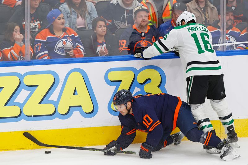 Nov 2, 2023; Edmonton, Alberta, CAN; Dallas Stars forward Joe Pavelski (16) knocks down Edmonton Oilers forward Derek Ryan (10) during the third period at Rogers Place. Mandatory Credit: Perry Nelson-USA TODAY Sports