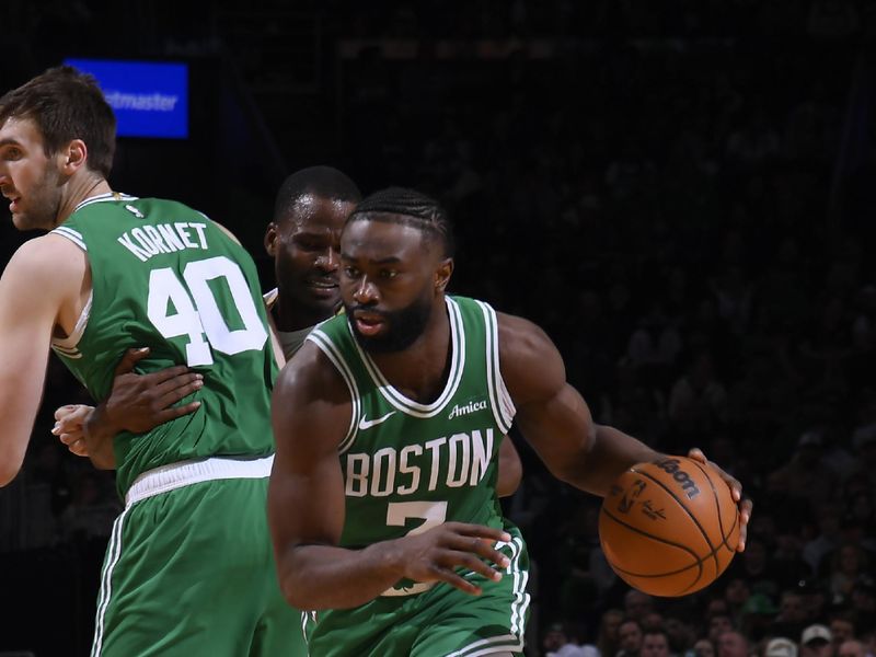 BOSTON, MA - JANUARY 12: Jaylen Brown #7 of the Boston Celtics dribbles the ball during the game against the New Orleans Pelicans on January 12, 2025 at TD Garden in Boston, Massachusetts. NOTE TO USER: User expressly acknowledges and agrees that, by downloading and/or using this Photograph, user is consenting to the terms and conditions of the Getty Images License Agreement. Mandatory Copyright Notice: Copyright 2025 NBAE (Photo by Brian Babineau/NBAE via Getty Images)