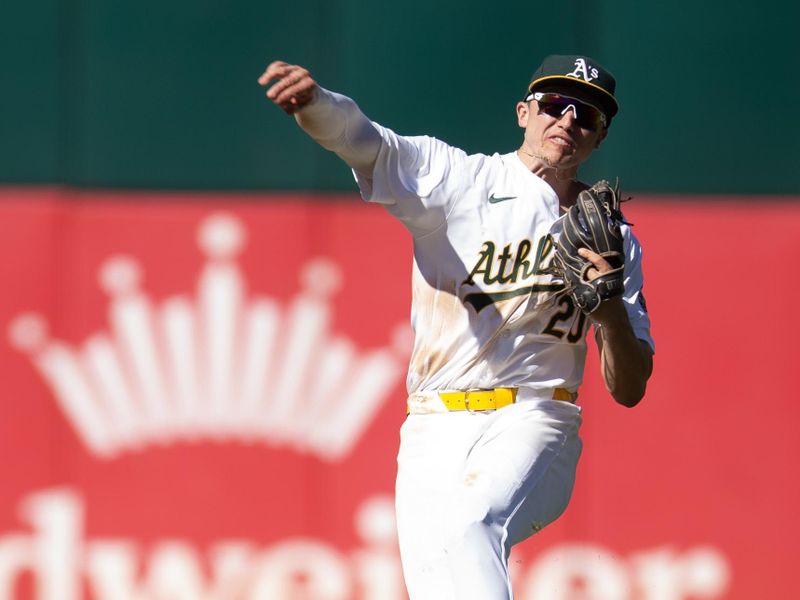 Sep 8, 2024; Oakland, California, USA; Oakland Athletics second baseman Zack Gelof (20) leaves his feet but cannot throw out Detroit Tigers shortstop Trey Sweeney (not pictured) at first base during the ninth inning at Oakland-Alameda County Coliseum. Mandatory Credit: D. Ross Cameron-Imagn Images