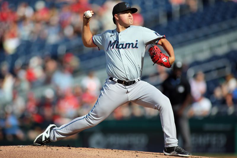 Sep 14, 2024; Washington, District of Columbia, USA; Miami Marlins pitcher Valente Bellozo (83) delivers a throw during the first inning of a baseball game against the Washington Nationals, at Nationals Park. Mandatory Credit: Daniel Kucin Jr.-Imagn Images