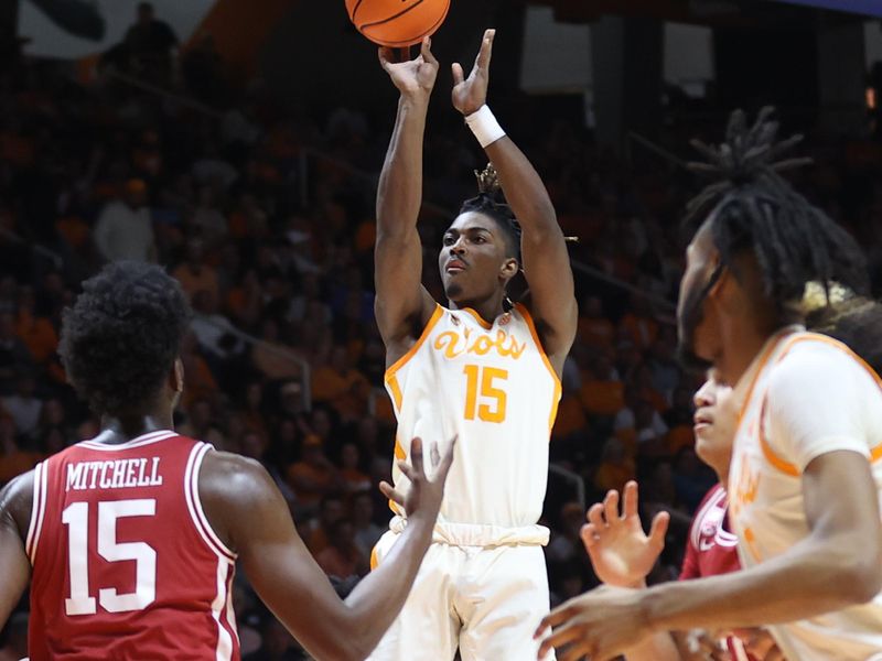 Feb 28, 2023; Knoxville, Tennessee, USA; Tennessee Volunteers guard Jahmai Mashack (15) shoots the ball against the Arkansas Razorbacks during the first half at Thompson-Boling Arena. Mandatory Credit: Randy Sartin-USA TODAY Sports