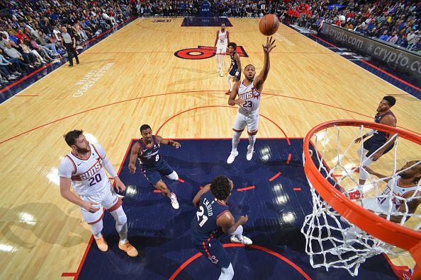 PHILADELPHIA, PA - NOVEMBER 4: Eric Gordon #23 of the Phoenix Suns drives to the basket during the game against the Philadelphia 76ers on November 4, 2023 at the Wells Fargo Center in Philadelphia, Pennsylvania NOTE TO USER: User expressly acknowledges and agrees that, by downloading and/or using this Photograph, user is consenting to the terms and conditions of the Getty Images License Agreement. Mandatory Copyright Notice: Copyright 2023 NBAE (Photo by Jesse D. Garrabrant/NBAE via Getty Images)