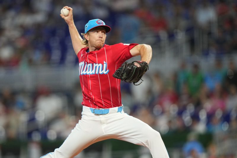 Sep 7, 2024; Miami, Florida, USA;  Miami Marlins pitcher Darren McCaughan (68) pitches in the first inning against the Philadelphia Phillies at loanDepot Park. Mandatory Credit: Jim Rassol-Imagn Images