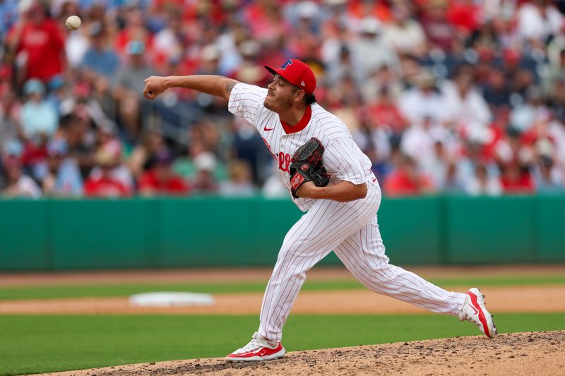 Mar 5, 2024; Clearwater, Florida, USA;  Philadelphia Phillies relief pitcher Luis Ortiz (56) throws a pitch against the Baltimore Orioles in the sixth inning at BayCare Ballpark. Mandatory Credit: Nathan Ray Seebeck-USA TODAY Sports