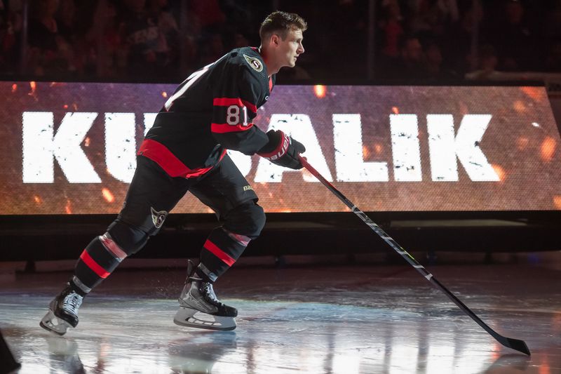 Oct 14, 2023; Ottawa, Ontario, CAN; Ottawa Senators left wing Dominik Kubalik (81) is introduced as he skates onto the ice prior to the game against the Philadelphia Flyers at the Canadian Tire Centre. Mandatory Credit: Marc DesRosiers-USA TODAY Sports