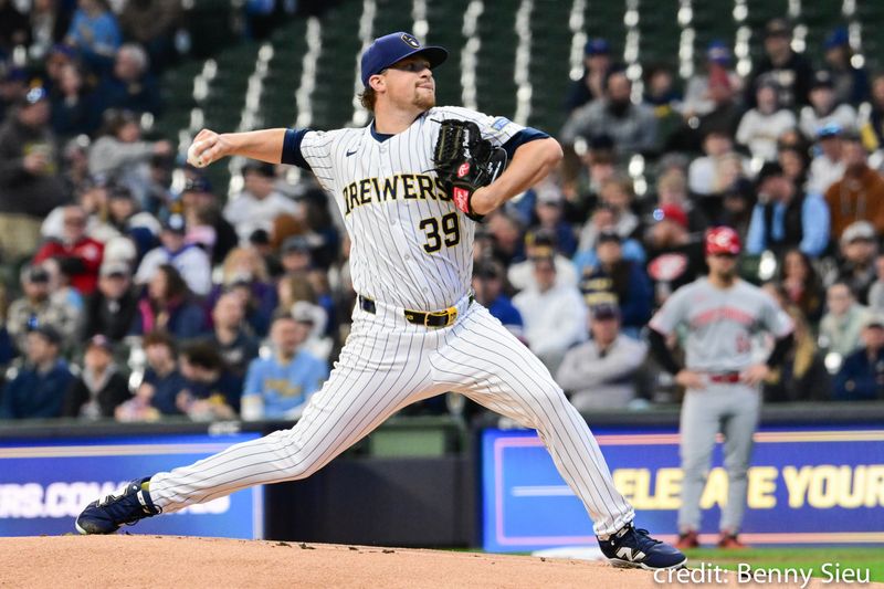 Apr 6, 2025; Milwaukee, Wisconsin, USA; Milwaukee Brewers starting pitcher Chad Patrick (39) pitches in the first inning against the Cincinnati Reds at American Family Field. Mandatory Credit: Benny Sieu-Imagn Images