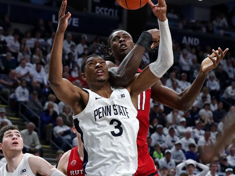 Feb 26, 2023; University Park, Pennsylvania, USA; Penn State Nittany Lions forward Kebba Njie (3) and Rutgers Scarlet Knights center Clifford Omoruyi (11) fight for the rebound during the second half at Bryce Jordan Center. Rutgers defeated Penn State 59-56. Mandatory Credit: Matthew OHaren-USA TODAY Sports