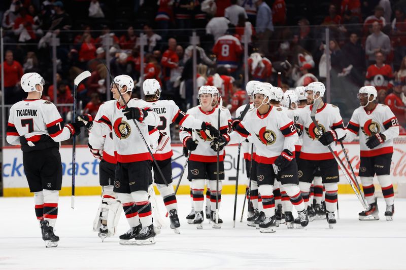 Apr 7, 2024; Washington, District of Columbia, USA; Ottawa Senators players celebrate after their game against the Washington Capitals at Capital One Arena. Mandatory Credit: Geoff Burke-USA TODAY Sports