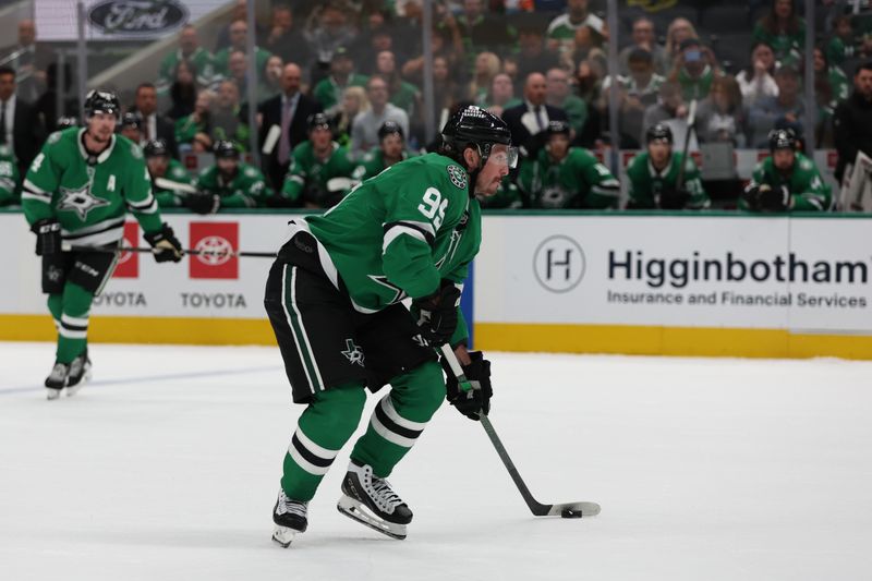 Oct 19, 2024; Dallas, Texas, USA; Dallas Stars center Matt Duchene (95) shoots the puck and scores a goal in the second period against the Edmonton Oilers at American Airlines Center. Mandatory Credit: Tim Heitman-Imagn Images