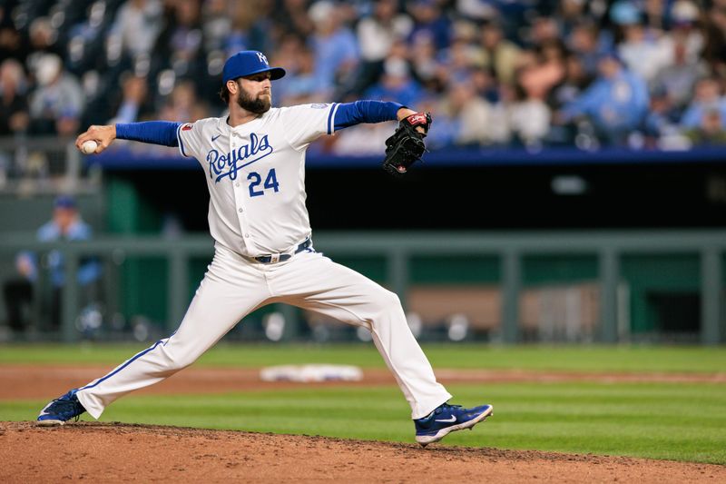 Apr 10, 2024; Kansas City, Missouri, USA; Kansas City Royals pitcher Jordan Lyles (24) pitching during the eighth inning against the Houston Astros at Kauffman Stadium. Mandatory Credit: William Purnell-USA TODAY Sports