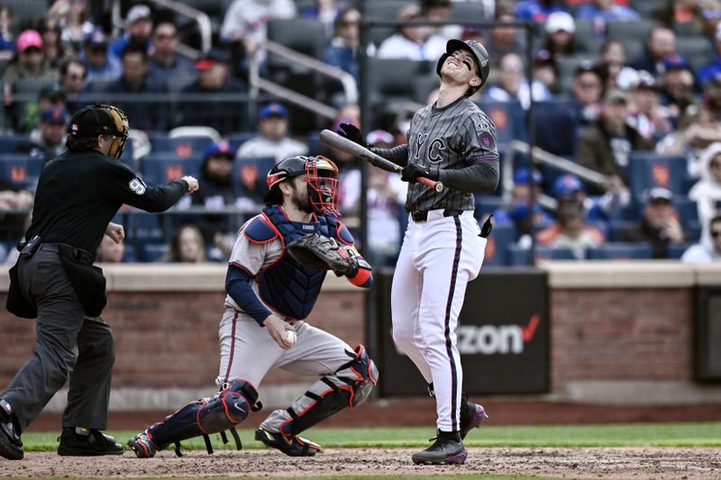 May 11, 2024; New York City, New York, USA; New York Mets third baseman Brett Baty (22) reacts after striking out against the Atlanta Braves during the fifth inning at Citi Field. Mandatory Credit: John Jones-USA TODAY Sports