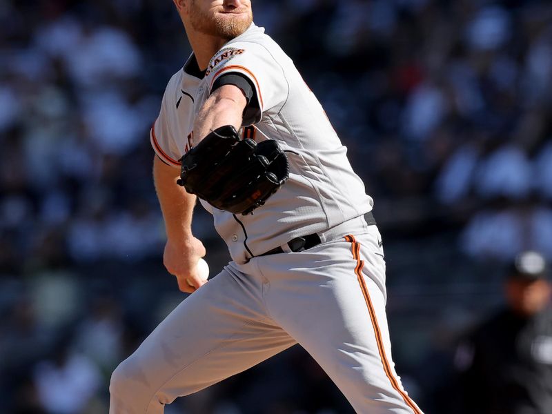 Apr 1, 2023; Bronx, New York, USA; San Francisco Giants starting pitcher Alex Cobb (38) pitches against the New York Yankees during the first inning at Yankee Stadium. Mandatory Credit: Brad Penner-USA TODAY Sports