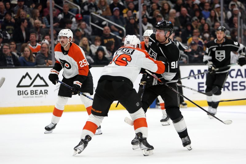 Nov 11, 2023; Los Angeles, California, USA;  Los Angeles Kings right wing Carl Grundstrom (91) scores a goal during the second period against the Philadelphia Flyers at Crypto.com Arena. Mandatory Credit: Kiyoshi Mio-USA TODAY Sports