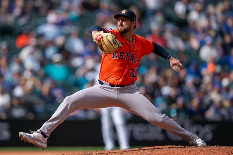 Apr 9, 2025; Seattle, Washington, USA;  Houston Astros reliever Bennett Sousa (62) delivers a pitch during the seventh inning against the Seattle Mariners at T-Mobile Park. Mandatory Credit: Stephen Brashear-Imagn Images