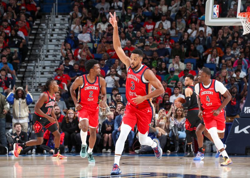 NEW ORLEANS, LA - OCTOBER 23: CJ McCollum #3 of the New Orleans Pelicans celebrates a three point basket during the game on October 23, 2024 at the Smoothie King Center in New Orleans, Louisiana. NOTE TO USER: User expressly acknowledges and agrees that, by downloading and or using this Photograph, user is consenting to the terms and conditions of the Getty Images License Agreement. Mandatory Copyright Notice: Copyright 2024 NBAE (Photo by Layne Murdoch Jr./NBAE via Getty Images)