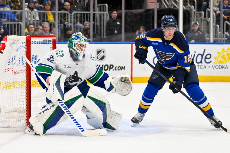 Jan 27, 2025; St. Louis, Missouri, USA;  Vancouver Canucks goaltender Kevin Lankinen (32) defends the net against St. Louis Blues center Radek Faksa (12) during the second period at Enterprise Center. Mandatory Credit: Jeff Curry-Imagn Images