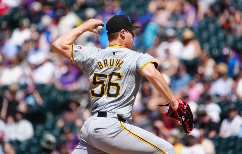 Jun 16, 2024; Denver, Colorado, USA; Pittsburgh Pirates pitcher Justin Bruihl (56) delivers a pitch in the seventh inning against the Colorado Rockies at Coors Field. Mandatory Credit: Ron Chenoy-USA TODAY Sports