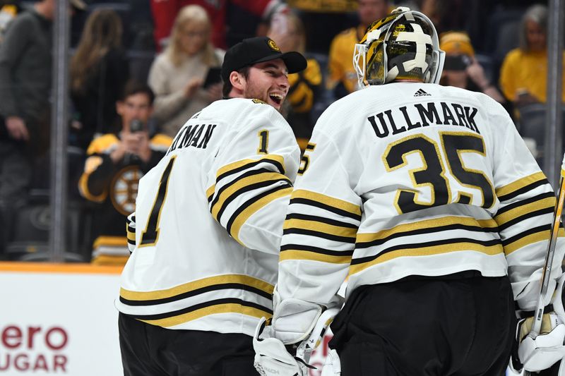 Apr 2, 2024; Nashville, Tennessee, USA; Boston Bruins goaltender Linus Ullmark (35) celebrates with goaltender Jeremy Swayman (1) after a win against the Nashville Predators at Bridgestone Arena. Mandatory Credit: Christopher Hanewinckel-USA TODAY Sports