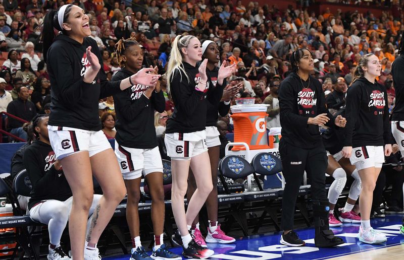 Mar 5, 2023; Greenville, SC, USA; South Carolina Gamecocks bench cheer during the first quarter of the SEC Women's Basketball Tournament with Tennessee at Bon Secours Wellness Arena. Mandatory Credit: Ken Ruinard-USA TODAY Sports