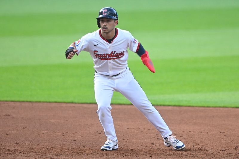 Jun 24, 2025; Cleveland, Ohio, USA; Cleveland Guardians left fielder Steven Kwan (38) stands on the infield in the first inning against the Toronto Blue Jays at Progressive Field. Mandatory Credit: David Richard-Imagn Images