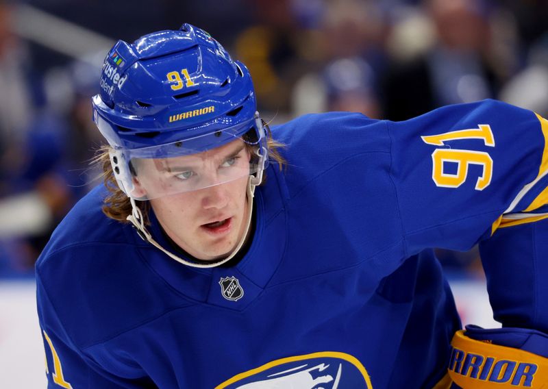 Oct 28, 2025; Buffalo, New York, USA;  Buffalo Sabres right wing Josh Doan (91) waits for a face-off during the second period against the Columbus Blue Jackets at KeyBank Center. Mandatory Credit: Timothy T. Ludwig-Imagn Images