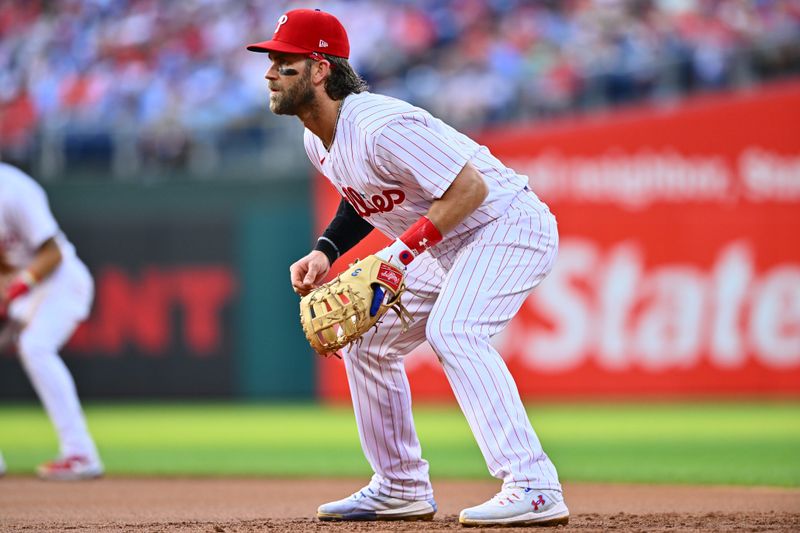 Jul 25, 2023; Philadelphia, Pennsylvania, USA; Philadelphia Phillies first baseman Bryce Harper (3) in action against the Baltimore Orioles in the second inning at Citizens Bank Park. Mandatory Credit: Kyle Ross-USA TODAY Sports