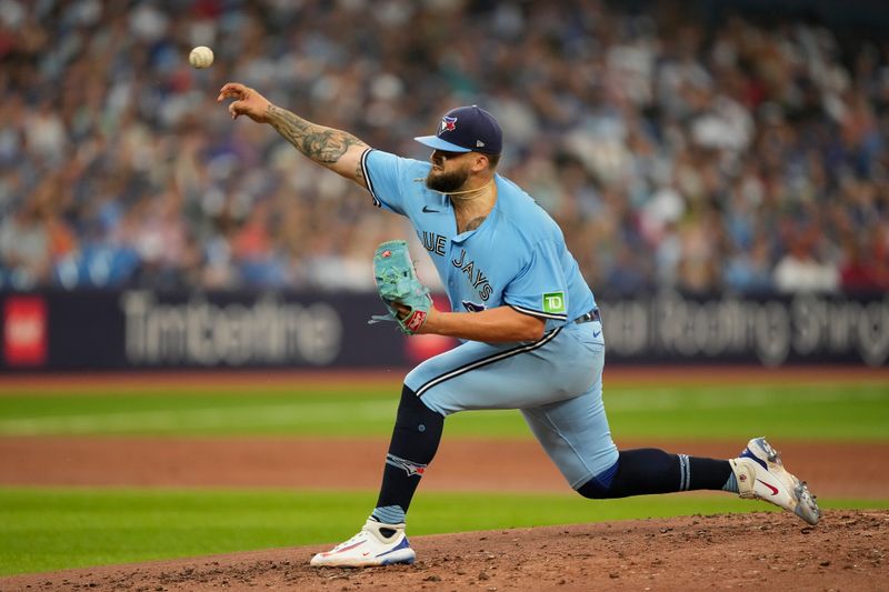 Jul 18, 2023; Toronto, Ontario, CAN; Toronto Blue Jays starting pitcher Alek Manoah (6) pitches to the San Diego Padres during the second inning at Rogers Centre. Mandatory Credit: John E. Sokolowski-USA TODAY Sports