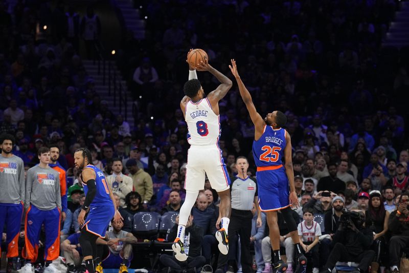 PHILADELPHIA, PA - JANUARY 15: Paul George #8 of the Philadelphia 76ers shoots the ball during the game against the New York Knicks on January 15, 2025 at the Wells Fargo Center in Philadelphia, Pennsylvania NOTE TO USER: User expressly acknowledges and agrees that, by downloading and/or using this Photograph, user is consenting to the terms and conditions of the Getty Images License Agreement. Mandatory Copyright Notice: Copyright 2025 NBAE (Photo by Jesse D. Garrabrant/NBAE via Getty Images)