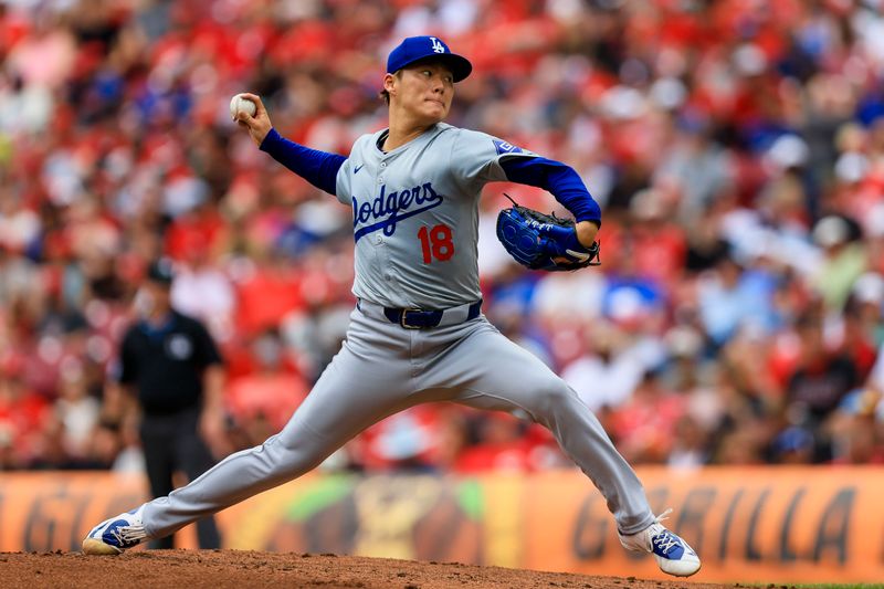 May 26, 2024; Cincinnati, Ohio, USA; Los Angeles Dodgers starting pitcher Yoshinobu Yamamoto (18) pitches against the Cincinnati Reds in the first inning at Great American Ball Park. Mandatory Credit: Katie Stratman-USA TODAY Sports