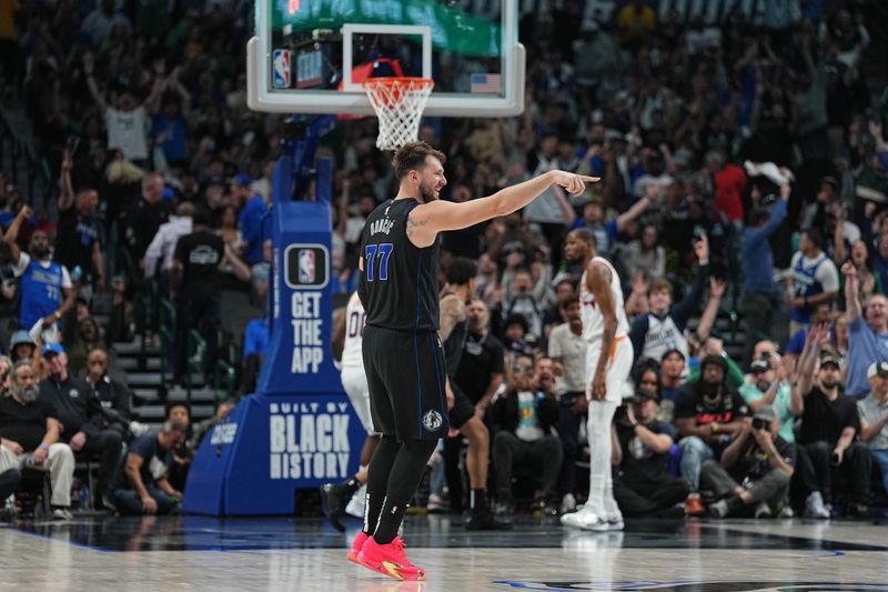 DALLAS, TX - FEBRUARY 22: Luka Doncic #77 of the Dallas Mavericks celebrates during the game against the Phoenix Suns on February 22, 2024 at the American Airlines Center in Dallas, Texas. NOTE TO USER: User expressly acknowledges and agrees that, by downloading and or using this photograph, User is consenting to the terms and conditions of the Getty Images License Agreement. Mandatory Copyright Notice: Copyright 2024 NBAE (Photo by Glenn James/NBAE via Getty Images)