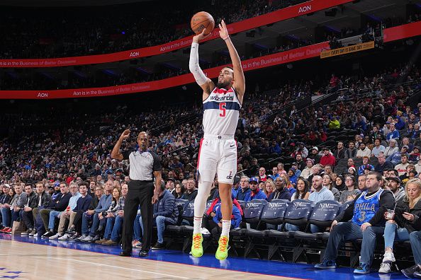 PHILADELPHIA, PA - DECEMBER 11: Tyus Jones #5 of the Washington Wizards shoots the ball during the game against the Philadelphia 76ers on December 11, 2023 at the Wells Fargo Center in Philadelphia, Pennsylvania NOTE TO USER: User expressly acknowledges and agrees that, by downloading and/or using this Photograph, user is consenting to the terms and conditions of the Getty Images License Agreement. Mandatory Copyright Notice: Copyright 2023 NBAE (Photo by Jesse D. Garrabrant/NBAE via Getty Images)