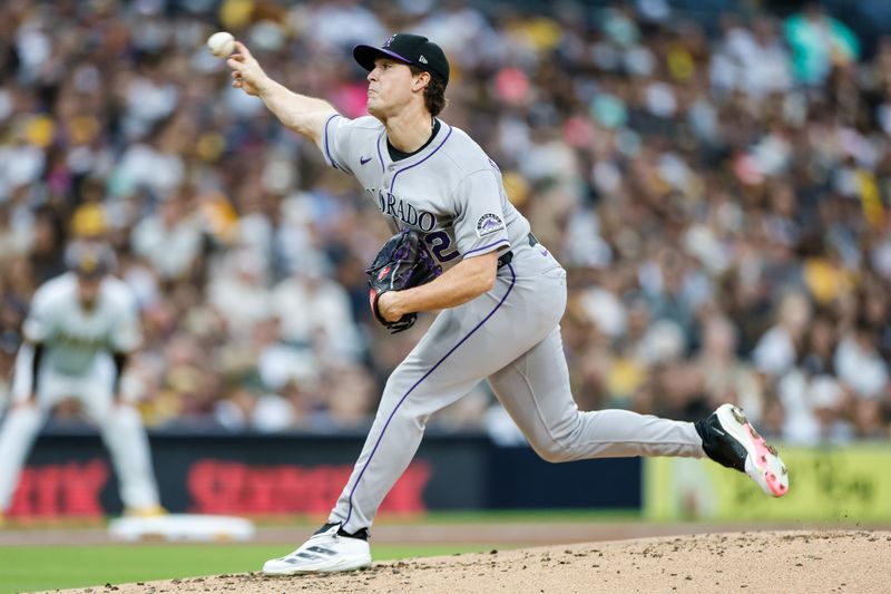 Apr 12, 2025; San Diego, California, USA; Colorado Rockies starting pitcher Chase Dollander (32) throws a pitch during the third inning against the against the San Diego Padres at Petco Park. Mandatory Credit: David Frerker-Imagn Images